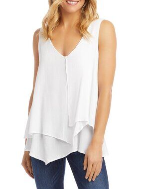 Karen Kane Womens White Gauze Layered Tank Top Sleeveless V-Neck Size Large